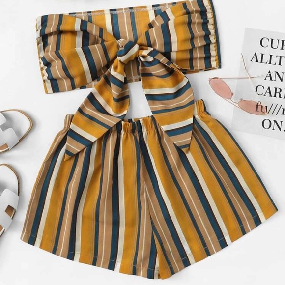 Striped Bow Tie Front Crop Top with Shorts